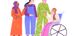 An illustration shows four women standing and sitting together, chatting. One of the women is pregnant while another woman is in a wheelchair. One of the other two women has placed a supportive hand on the shoulder of the woman in the wheelchair.