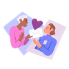 Illustration of two women, one is handing the other woman a large envelope. The woman receiving the envelope is wearing a lanyard. There is a heart between them, above the envelope.