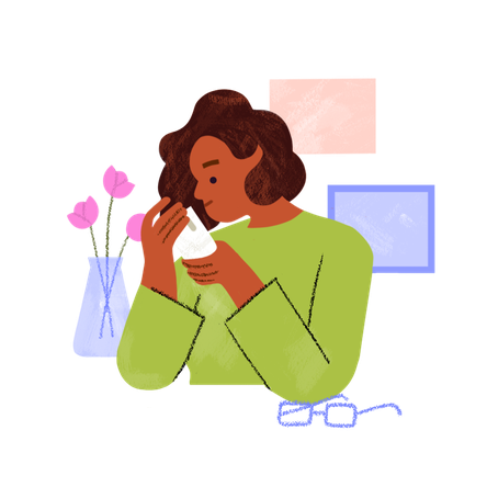 Illustration of a woman sitting at a table with a phone in her hands. There is a vase of pink flowers and a pair of glasses on the table she is sitting at.