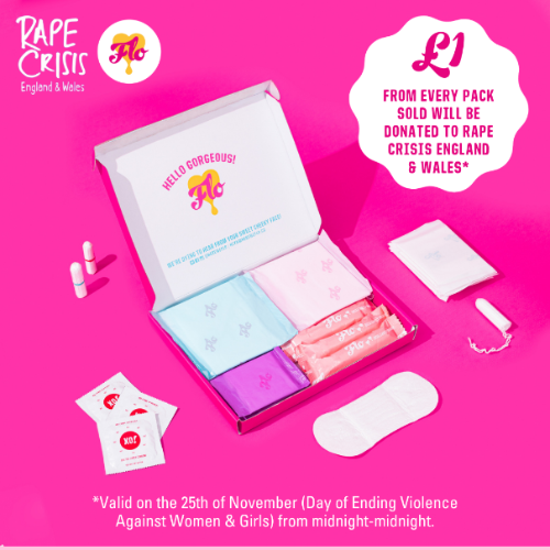 A social media ad promoting the sale of Here We Flo sanitary products in support of Rape Crisis England & Wales. Includes an image of a box of sanitary towels and tampons against a bright pink background.