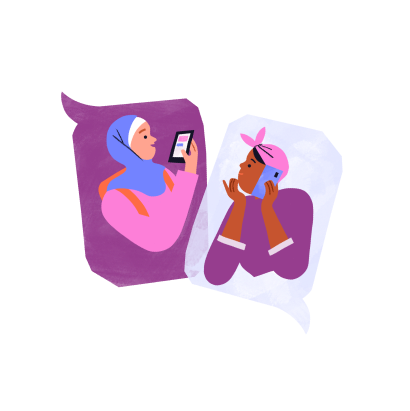 Illustration of two women chatting on the phone to each other.